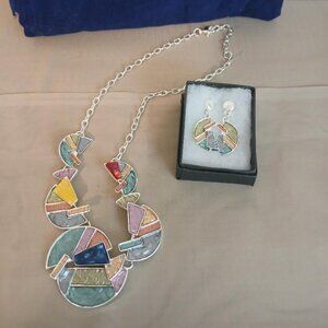 Pretty Silver Necklace and Earrings Set with Multi-colored Abstract Design
